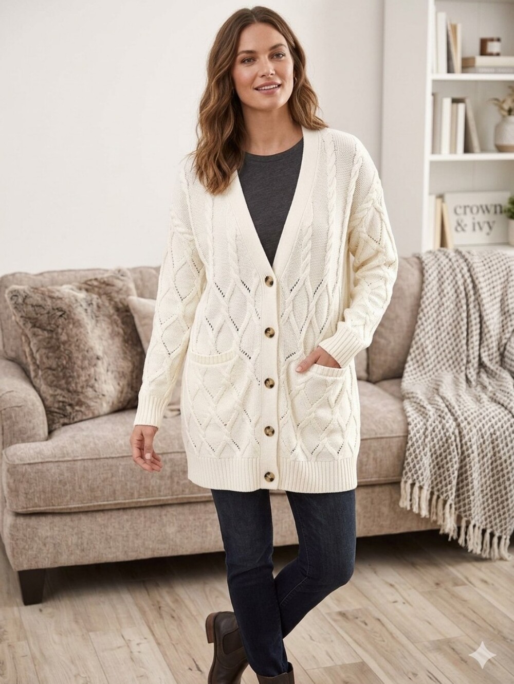 Crown & Ivy Cable Knit Sweater Cardigan Sz M